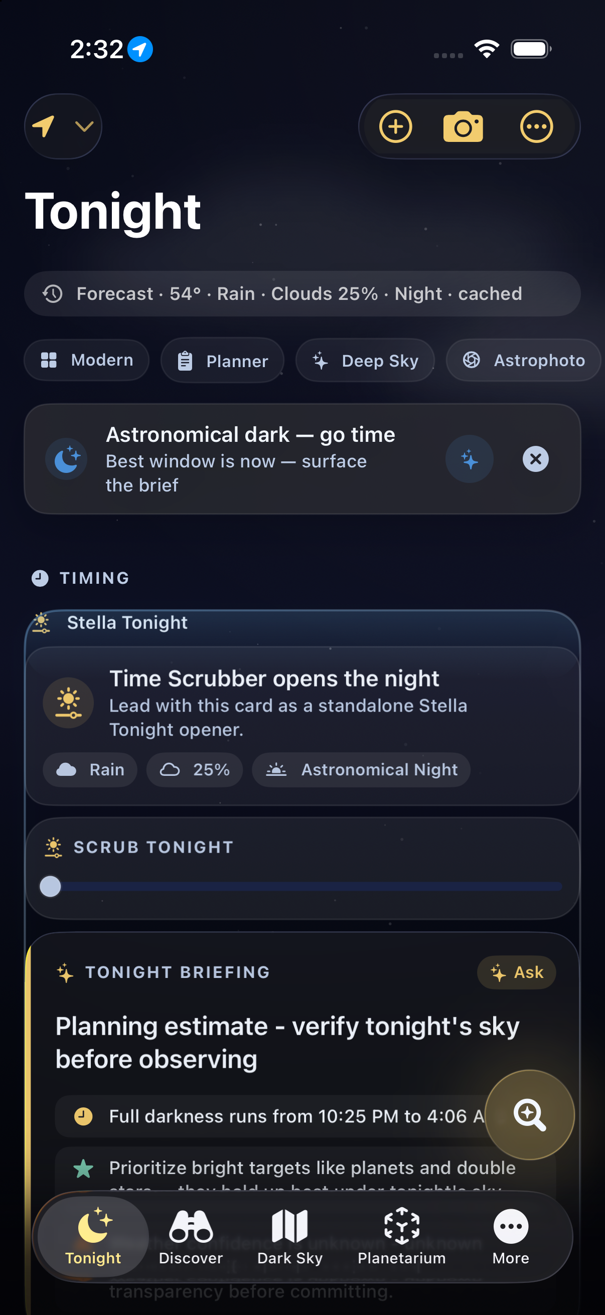 Stella's Tonight screen showing the observing forecast, best window, and planning briefing
